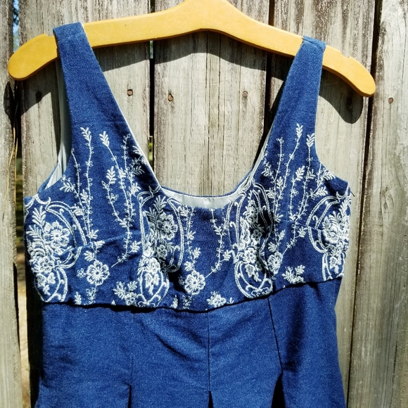 Embroidered Sleeveless Dark Denim Dress - Picture 7 of 15